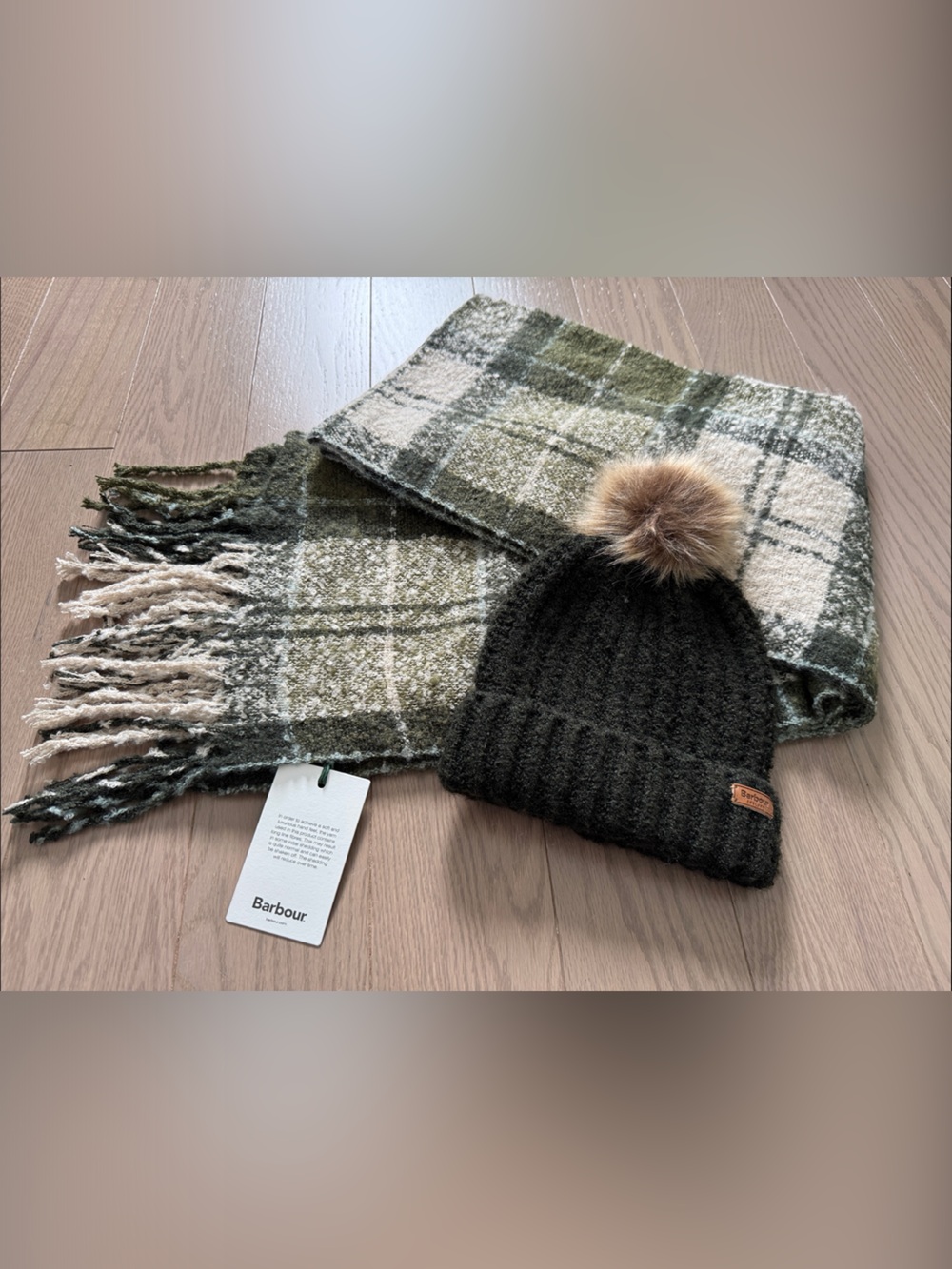 Barbour Olive & Cream Plaid Saltburn Beanie & Scarf Set